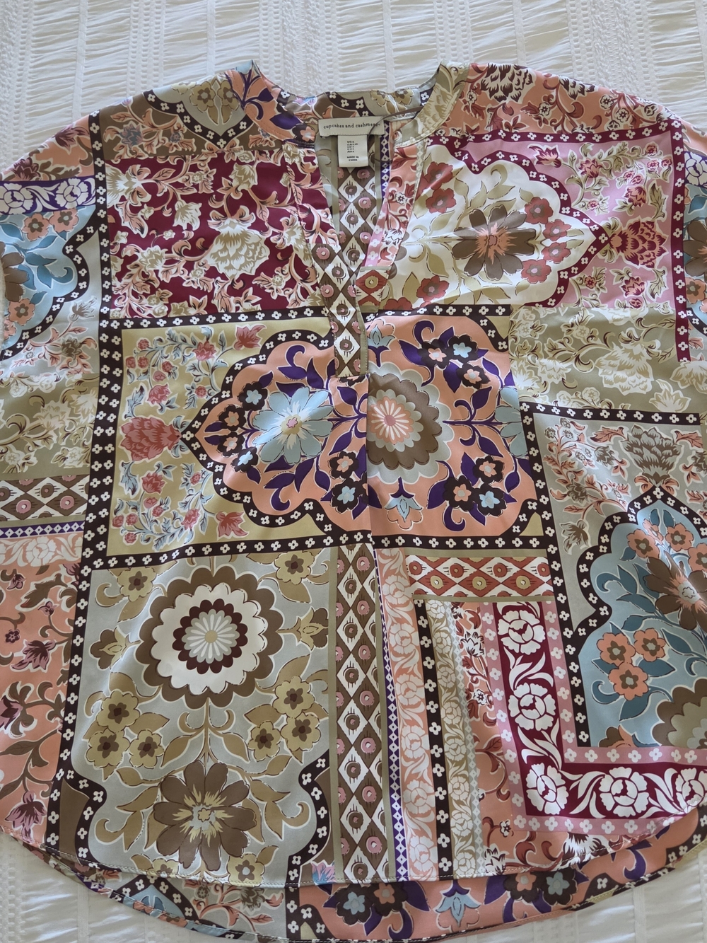 cupcakes & cashmere Patchwork Floral Blouse in Pink, Peach, Blue & Brown